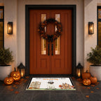 A Halloween-themed doormat with a haunted house illustration and the text 'Halloween Number 1 Rule: Stay Home' is displayed on a dark tiled entryway floor in front of double doors decorated with a wreath, pumpkins, and lanterns.