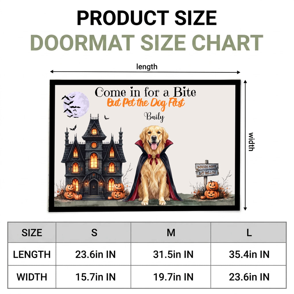 Product size chart for a Halloween-themed doormat, showing a rectangular mat with dimensions labeled length and width, plus a size table for S, M, and L sizes. The mat features a golden retriever in a vampire cape in front of a haunted house with pumpkins and the text 'Come in for a Bite But Pet the Dog First Daily'.