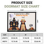 Product size chart for a Halloween-themed doormat, showing a rectangular mat with dimensions labeled length and width, plus a size table for S, M, and L sizes. The mat features a golden retriever in a vampire cape in front of a haunted house with pumpkins and the text 'Come in for a Bite But Pet the Dog First Daily'.