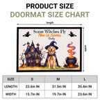 Product size chart for a Halloween doormat, showing a framed sample mat with a witch, haunted house, dog in a witch hat, and cauldron illustration, plus a size table for S, M, and L dimensions.