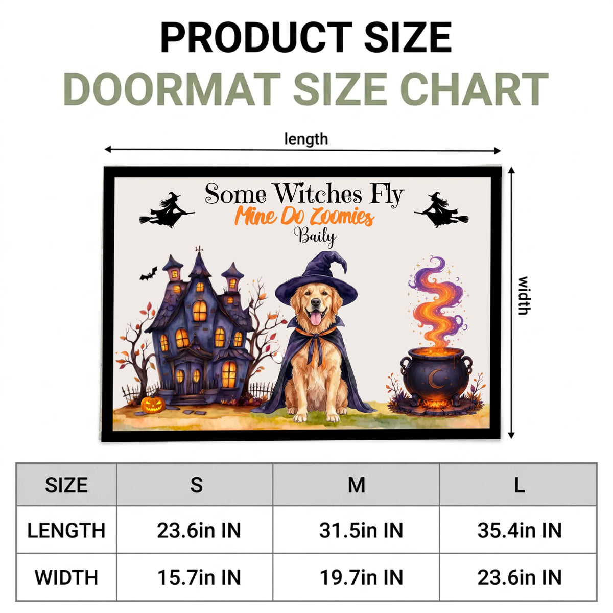 Product size chart for a Halloween doormat, showing a framed sample mat with a witch, haunted house, dog in a witch hat, and cauldron illustration, plus a size table for S, M, and L dimensions.