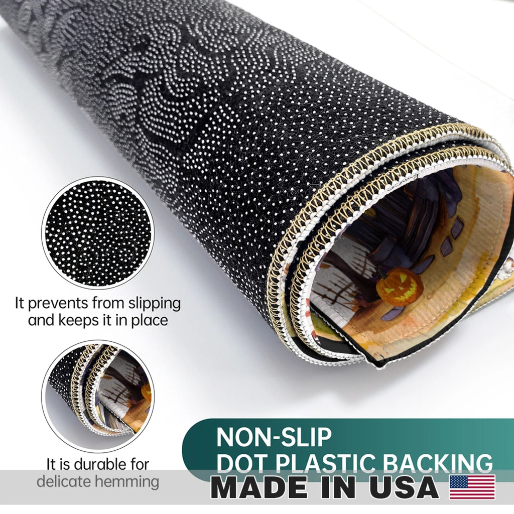 A rolled black non-slip mat with a white dotted pattern and a printed interior, shown on a white background with two circular detail insets and marketing text reading 'NON-SLIP DOT PLASTIC BACKING MADE IN USA'.