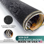 A rolled black non-slip mat with a white dotted pattern and a printed interior, shown on a white background with two circular detail insets and marketing text reading 'NON-SLIP DOT PLASTIC BACKING MADE IN USA'.