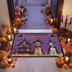 A Halloween-themed rectangular floor mat displayed on a porch threshold, surrounded by pumpkins, lanterns, and autumn leaves. The mat features a purple sky with the text 'Some Witches Fly Mine do Scoops' and illustrations of two dogs in witch hats flying in front of a haunted house.
