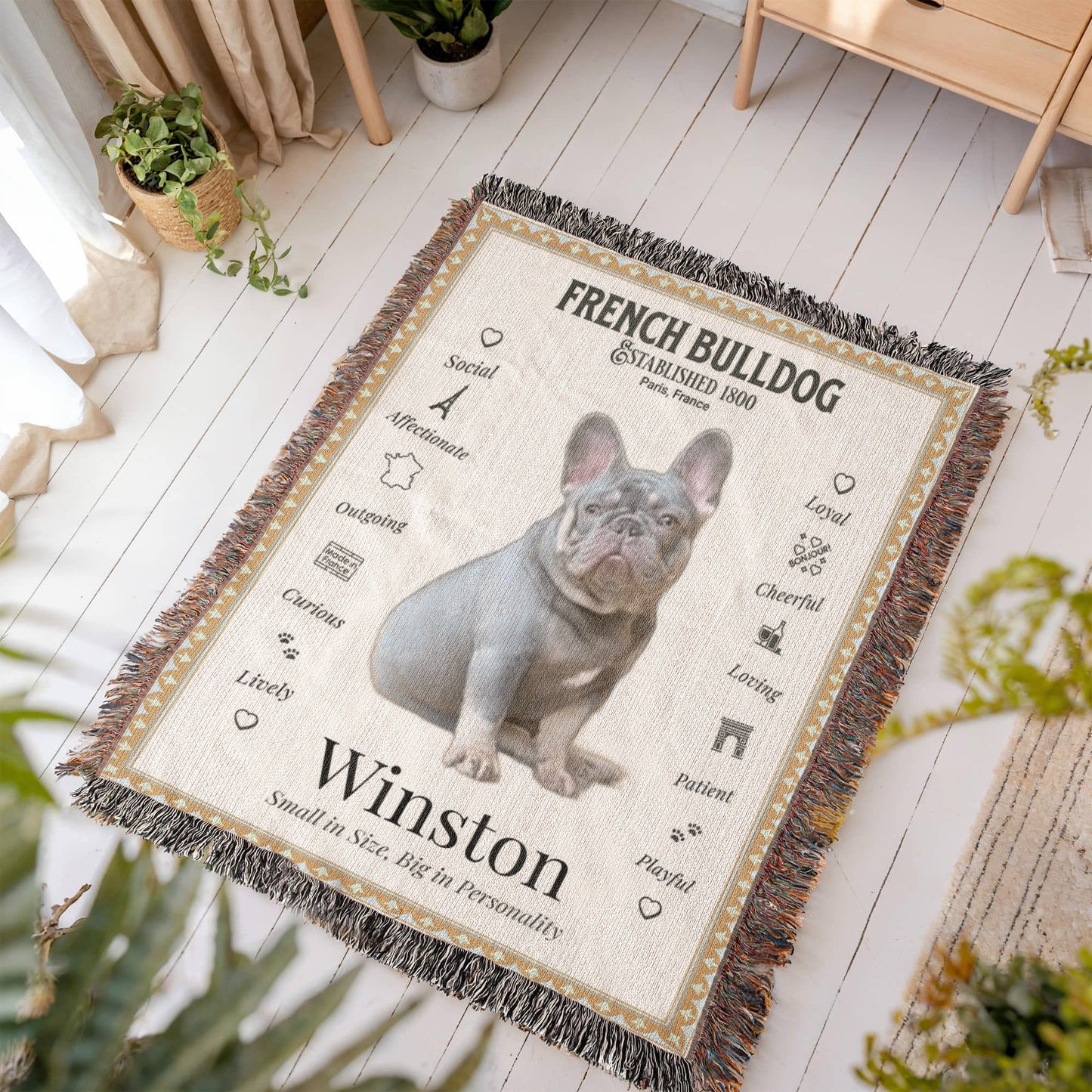 🐾 My Little Buddie Heirloom Woven Blanket – French Bulldog Edition - Gold Frame