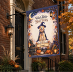 A Halloween-themed vertical garden flag hanging from a black metal bracket on a brick house porch. The flag features a golden retriever dressed as a witch with the text 'Witch Better Have Treats' and the name 'Cooper' on a banner.