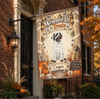 A decorative Halloween house flag hanging from a black metal bracket on a brick porch. The flag features a mummified dog illustration, pumpkins, bats, candles, and the text 'Wrapped Up in Treats' with a personalized nameplate reading 'Cooper.