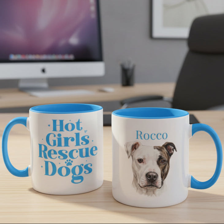 Personalized Dog Mom Coffee Mug – "Hot Girls Rescue Dogs" Watercolor Pet Portrait