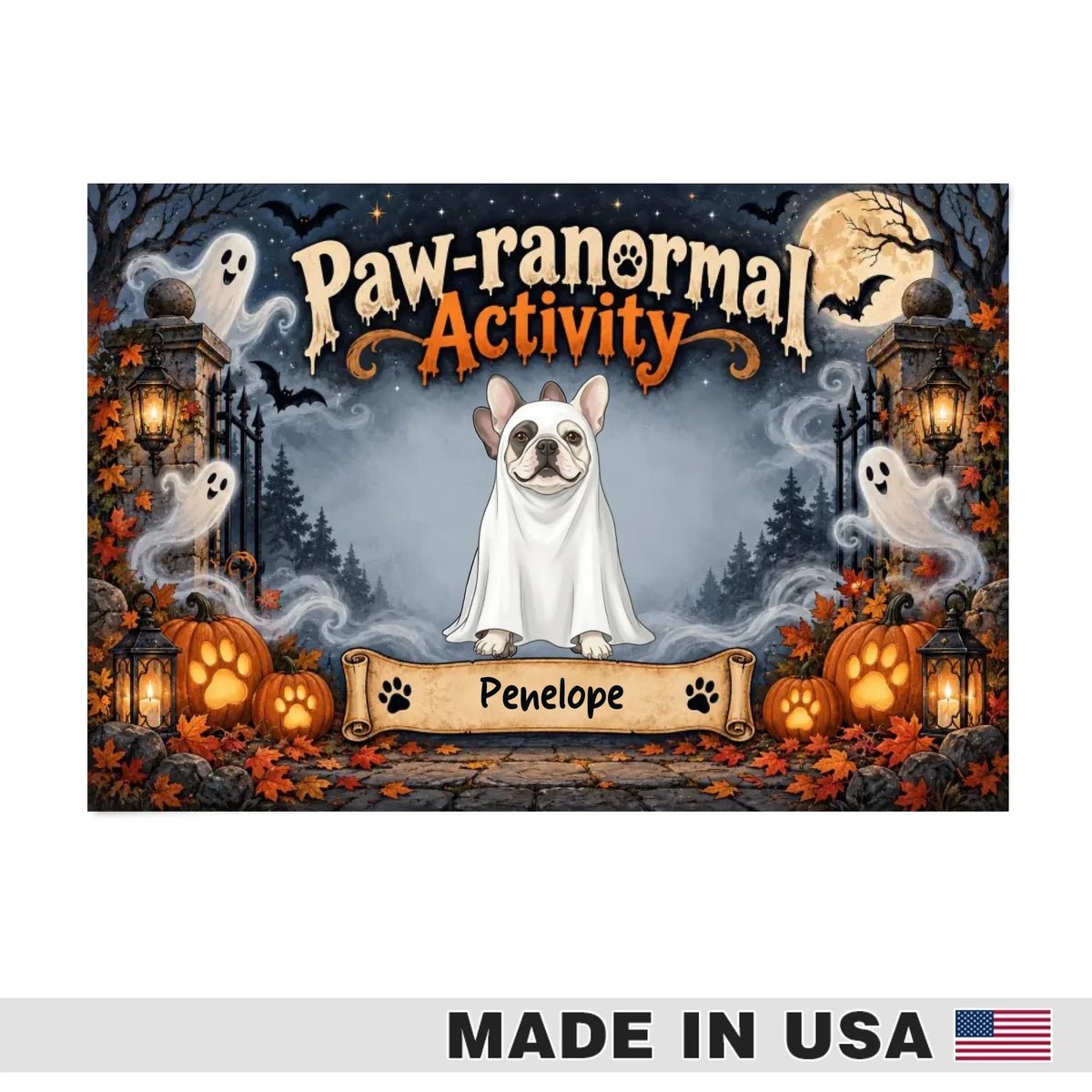 "Paw-ranormal Activity." Personalized with one or two dogs, cute ghost boy or girl dog, luxury doormat