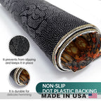 A rolled sheet of black non-slip plastic backing with white adhesive dots, shown on a white background with two circular inset close-ups and marketing text. The product is labeled as non-slip with dot plastic backing and made in the USA.