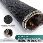 A rolled black non-slip mat with white plastic dot pattern and a decorative floral interior, shown on a white background with two circular inset detail images and text reading 'NON-SLIP DOT PLASTIC BACKING MADE IN USA'.