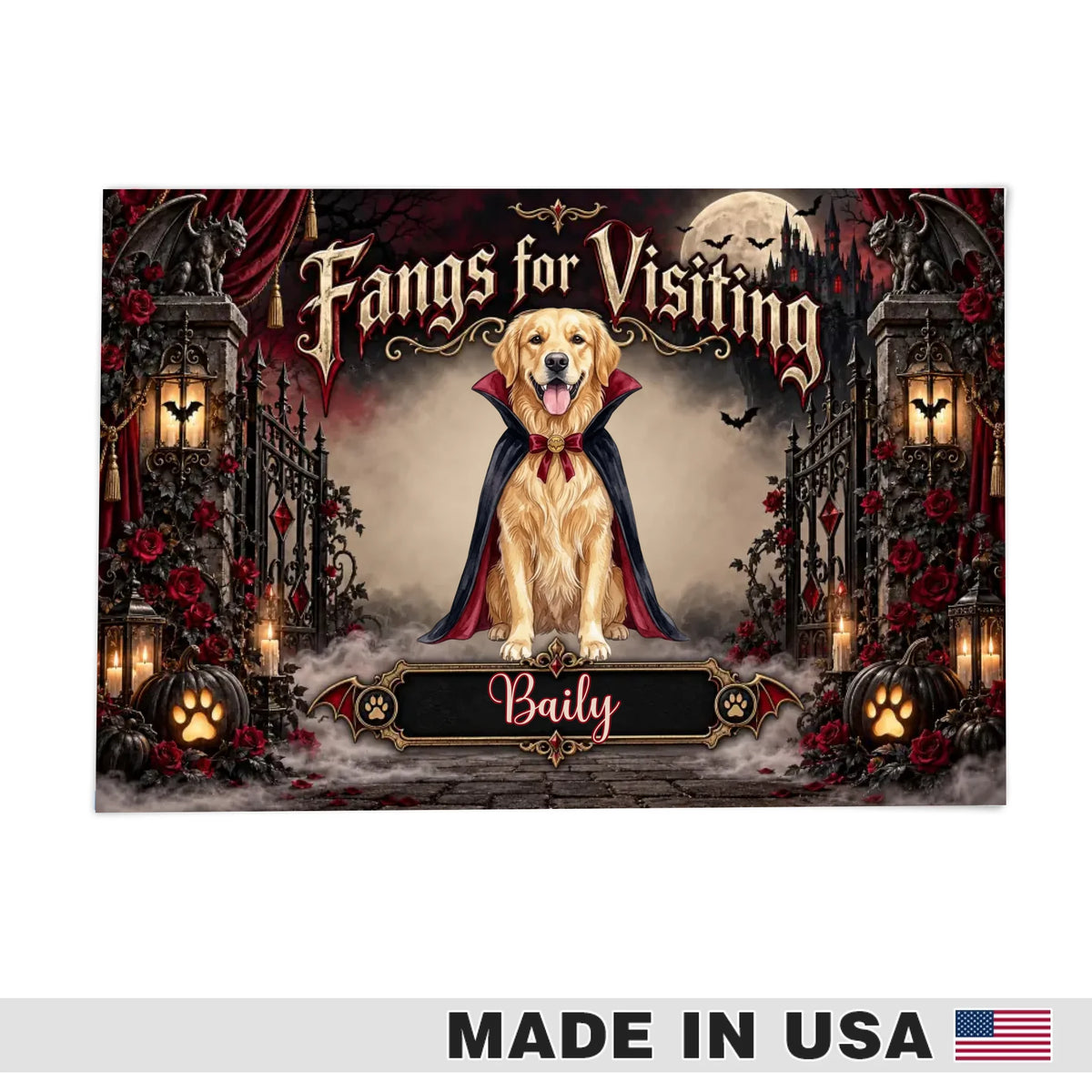 "Fangs for Visiting" Personalized Vampire Dog Door Mat