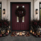 A Halloween-themed front door mat displayed on a tiled porch floor in front of double burgundy doors. The mat features a witch in a black hat and dress standing in a doorway with pumpkins, candles, and autumn foliage around it.