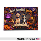 A rectangular Halloween-themed decorative sign or print featuring two dogs dressed as witches, surrounded by pumpkins, candles, a cauldron, and the text 'Witch Better Have Treats' with a personalized name banner reading 'Bailey and Oliver.' A gray band at the bottom says 'MADE IN USA' with an American flag icon.