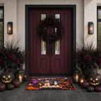 A Halloween-themed doormat with cartoon ghosts and the text 'Witch Better Have Treats' is displayed on a dark stone entryway floor in front of a burgundy front door decorated with a wreath, pumpkins, and lanterns.