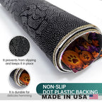 A roll of black non-slip dot plastic backing sheet with a decorative pattern, shown with circular insets demonstrating its slip-resistant texture and a pumpkin-themed interior view. Text at the bottom reads 'NON-SLIP DOT PLASTIC BACKING MADE IN USA'.