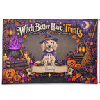 A rectangular Halloween-themed wall tapestry or banner featuring a golden retriever dressed as a witch, surrounded by pumpkins, candles, books, autumn leaves, a cauldron with purple smoke, and the text 'Witch Better Have Treats' with a personalized name banner reading 'Honey'.