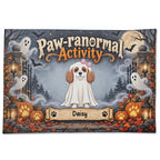 A square Halloween-themed decorative mat or doormat featuring a cartoon dog in a white ghost costume with the text 'Paw-ranormal Activity' above and a personalized banner reading 'Daisy' below. The scene includes pumpkins, lanterns, ghosts, bats, trees, and a full moon on a dark gray background.