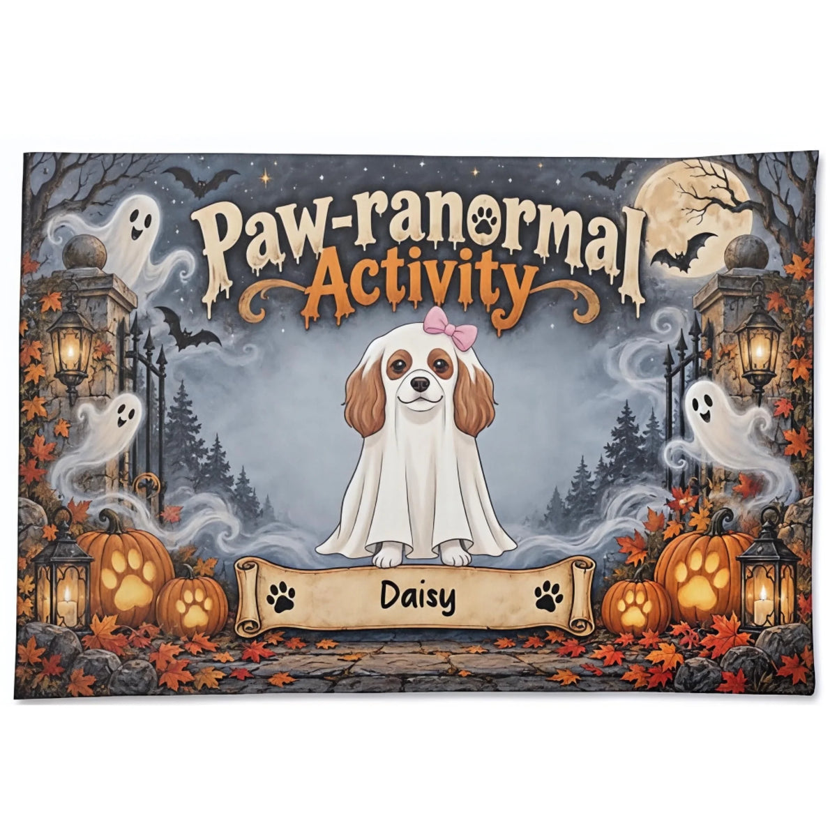 A square Halloween-themed decorative mat or doormat featuring a cartoon dog in a white ghost costume with the text 'Paw-ranormal Activity' above and a personalized banner reading 'Daisy' below. The scene includes pumpkins, lanterns, ghosts, bats, trees, and a full moon on a dark gray background.