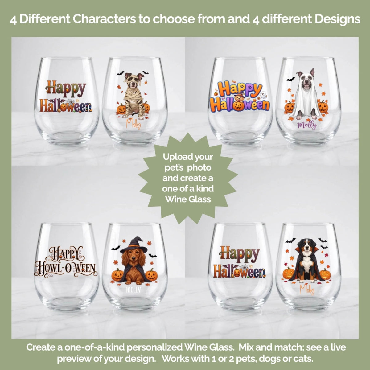 Infographic showing four Halloween dog character options - mummy, ghost, witch, and vampire-costume designs - on personalized stemless wine glasses