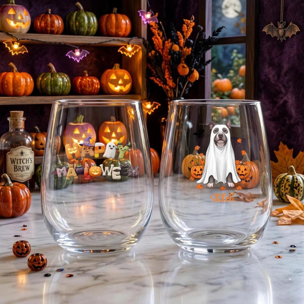 Personalized ghost-costume dog with pumpkins Halloween stemless wine glasses on a windowsill with glowing jack-o-lanterns and fall decor