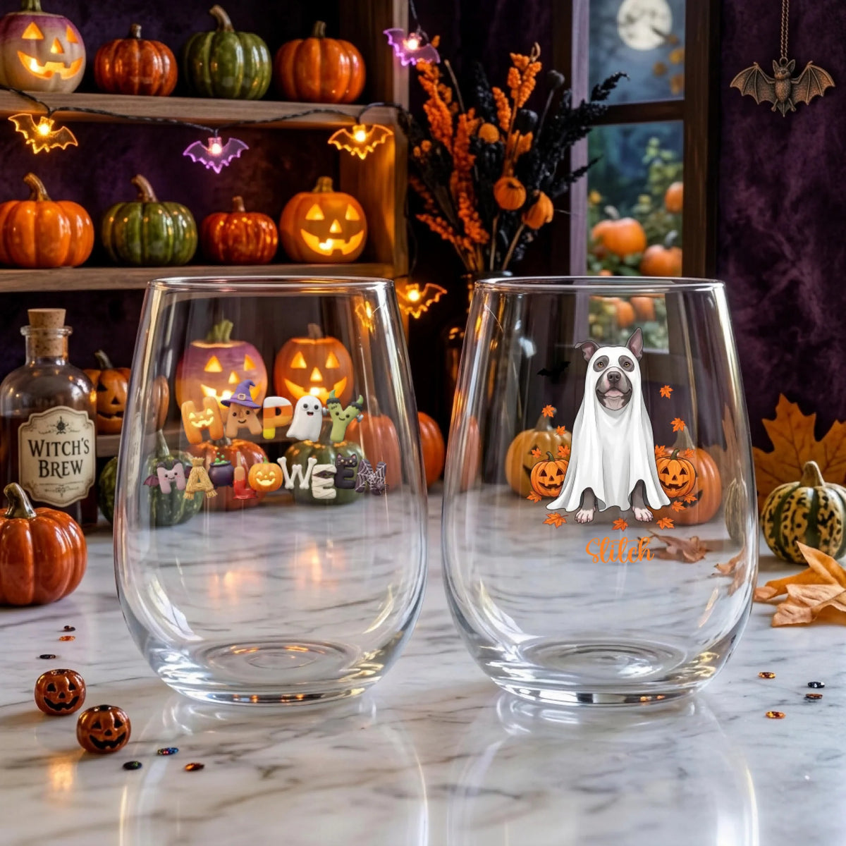 Personalized ghost-costume dog with pumpkins Halloween stemless wine glasses on a windowsill with glowing jack-o-lanterns and fall decor