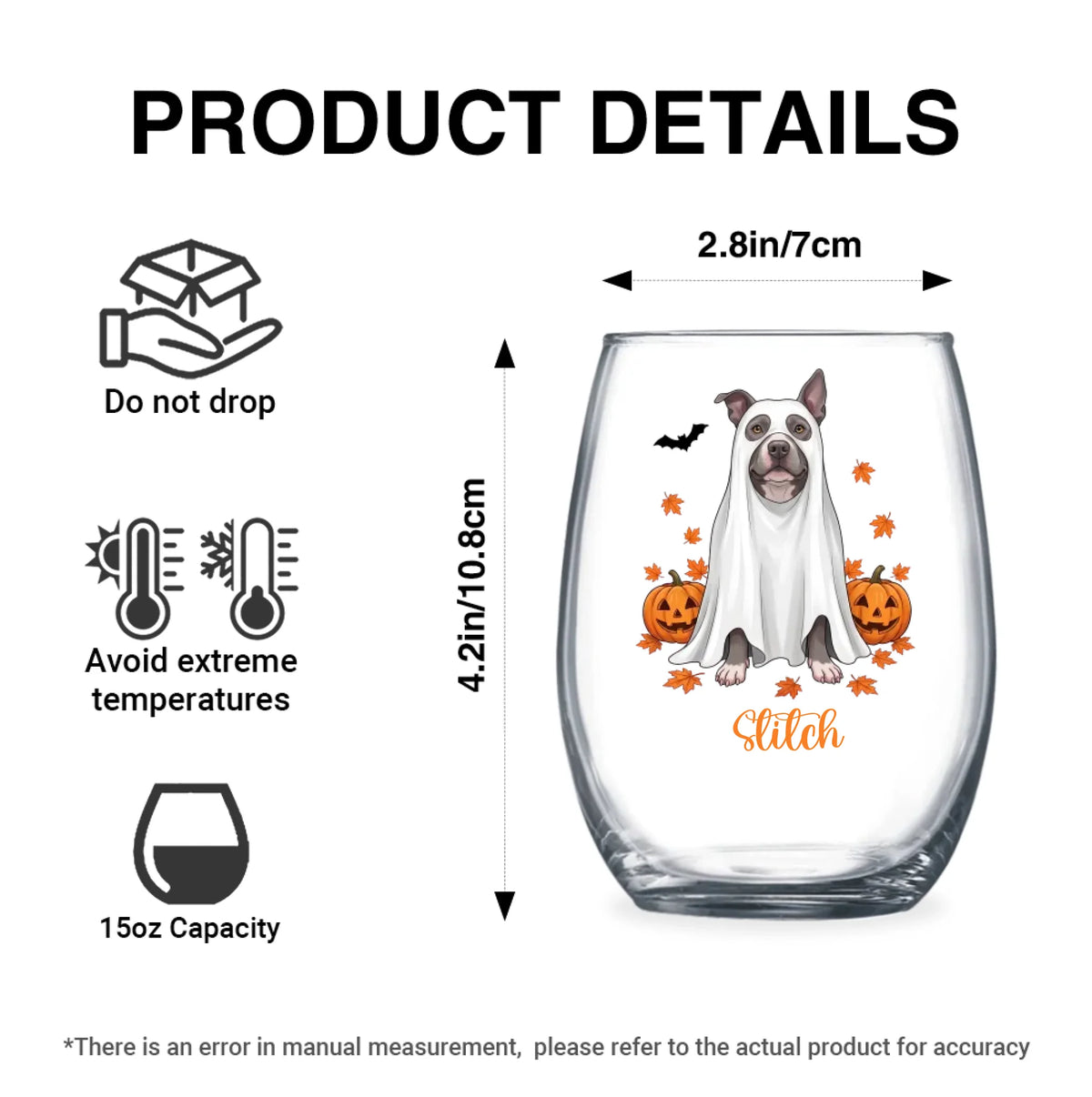 Product details graphic with size, capacity and care instructions for the personalized ghost-costume dog with pumpkins stemless wine glass