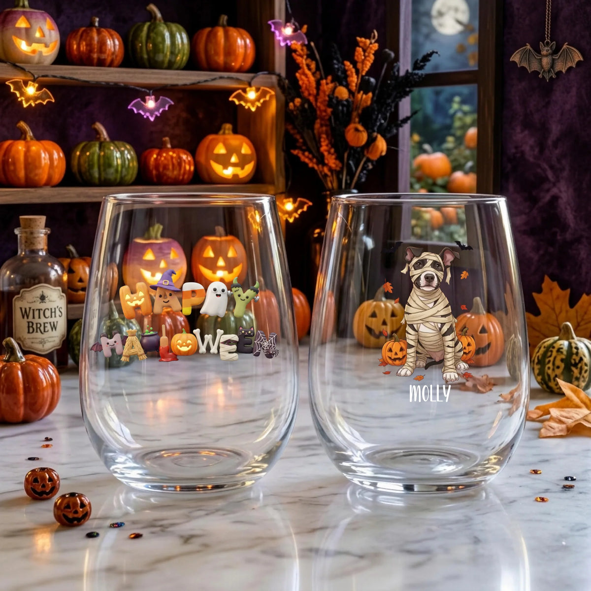 Personalized mummy-costume dog with pumpkins Halloween stemless wine glasses on a windowsill with glowing jack-o-lanterns and fall decor