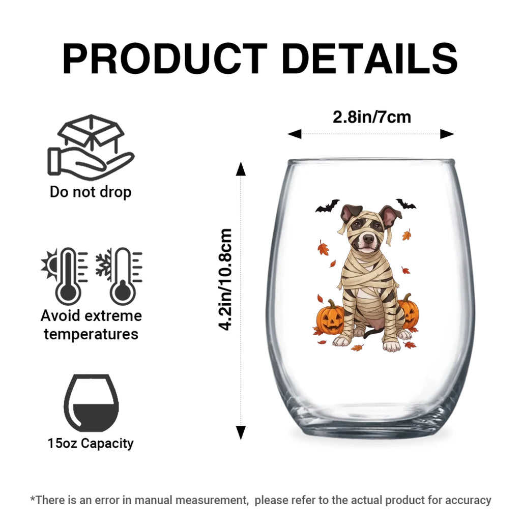 Product details graphic with size, capacity and care instructions for the personalized mummy-costume dog with pumpkins stemless wine glass