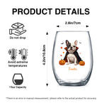 Product details graphic with size, capacity and care instructions for the personalized vampire-costume dog with pumpkins stemless wine glass