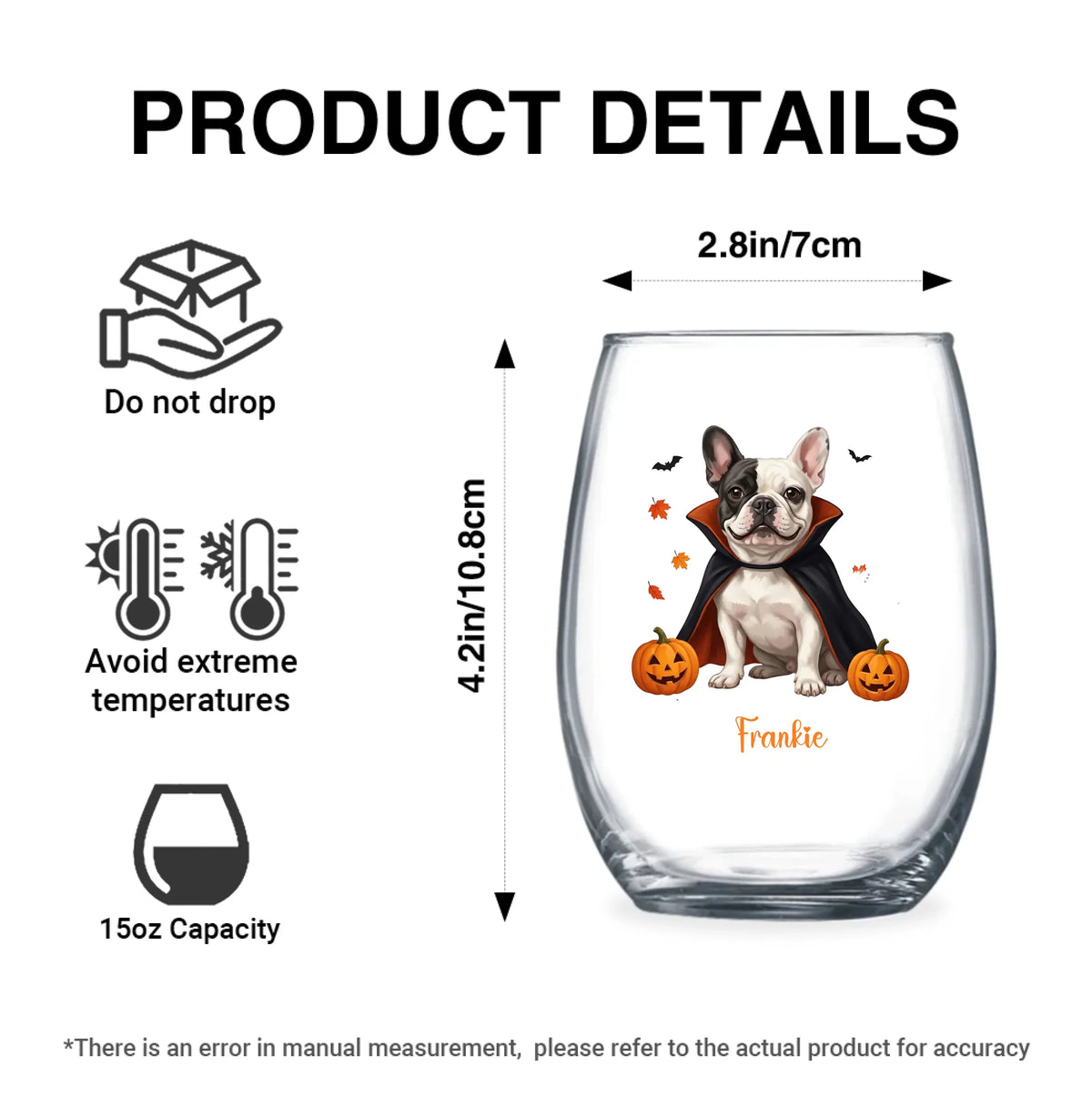 Product details graphic with size, capacity and care instructions for the personalized vampire-costume dog with pumpkins stemless wine glass