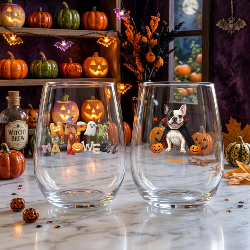 Personalized vampire-costume dog with pumpkins Halloween stemless wine glasses on a windowsill with glowing jack-o-lanterns and fall decor