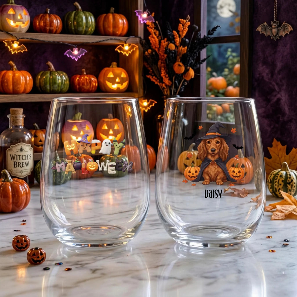Personalized witch-costume dog with pumpkins Halloween stemless wine glasses on a windowsill with glowing jack-o-lanterns and fall decor