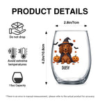 Product details graphic with size, capacity and care instructions for the personalized witch-costume dog with pumpkins stemless wine glass