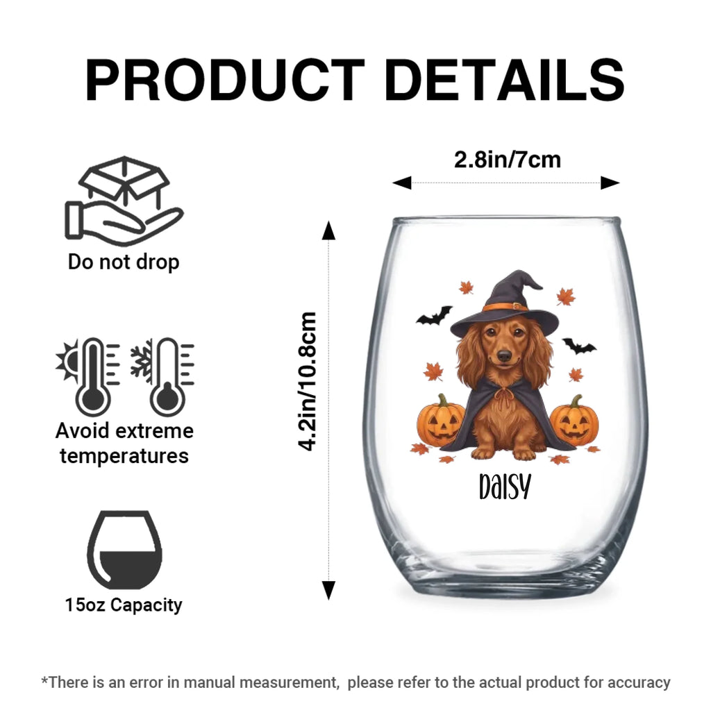 Product details graphic with size, capacity and care instructions for the personalized witch-costume dog with pumpkins stemless wine glass
