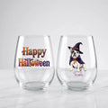 Two personalized Halloween stemless wine glasses on marble, one with 'Happy Halloween' lettering, one with a watercolor witch-costume dog and pet name