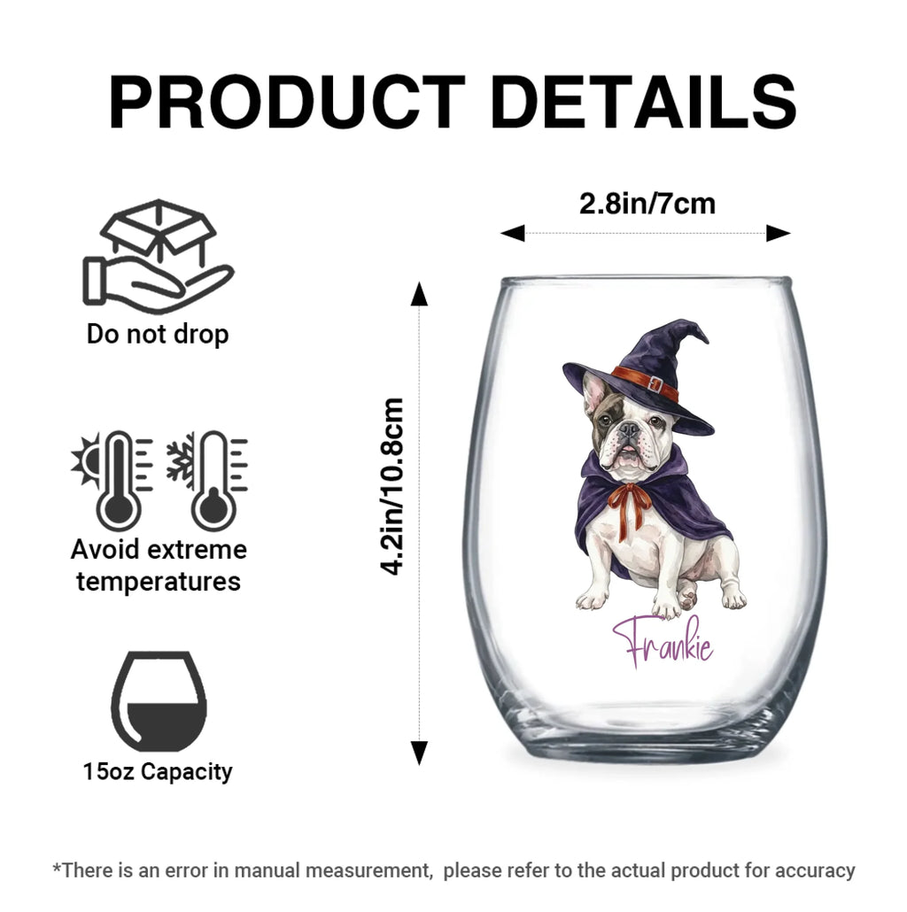 Product details graphic with size, capacity and care instructions for the personalized watercolor witch-costume dog stemless wine glass
