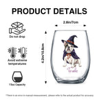 Product details graphic with size, capacity and care instructions for the personalized watercolor witch-costume dog stemless wine glass