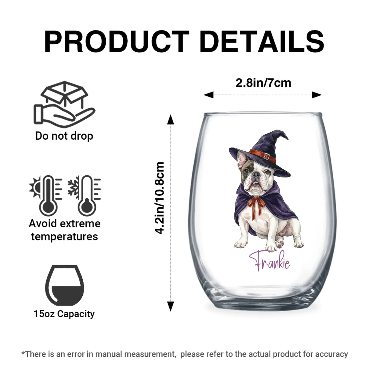 Product details graphic with size, capacity and care instructions for the personalized watercolor witch-costume dog stemless wine glass