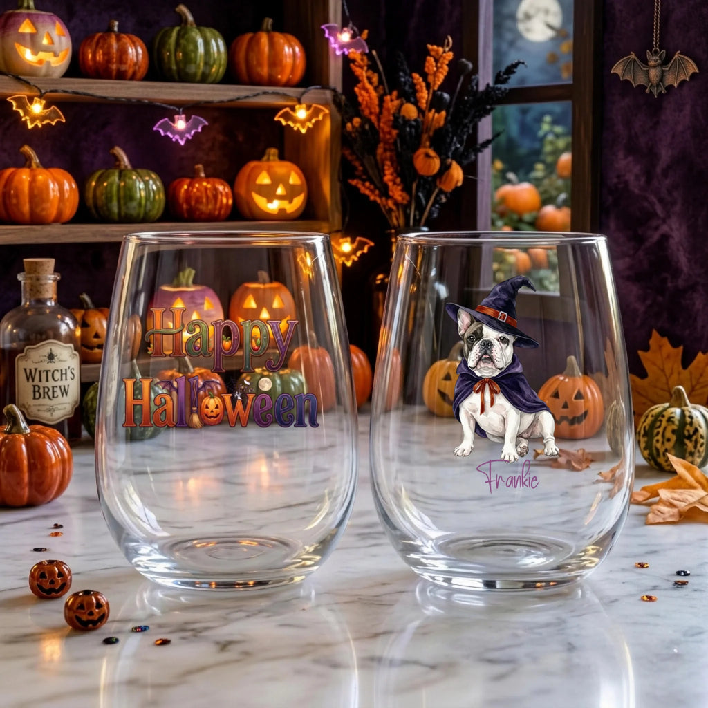Personalized watercolor witch-costume dog Halloween stemless wine glasses on a windowsill with glowing jack-o-lanterns and fall decor