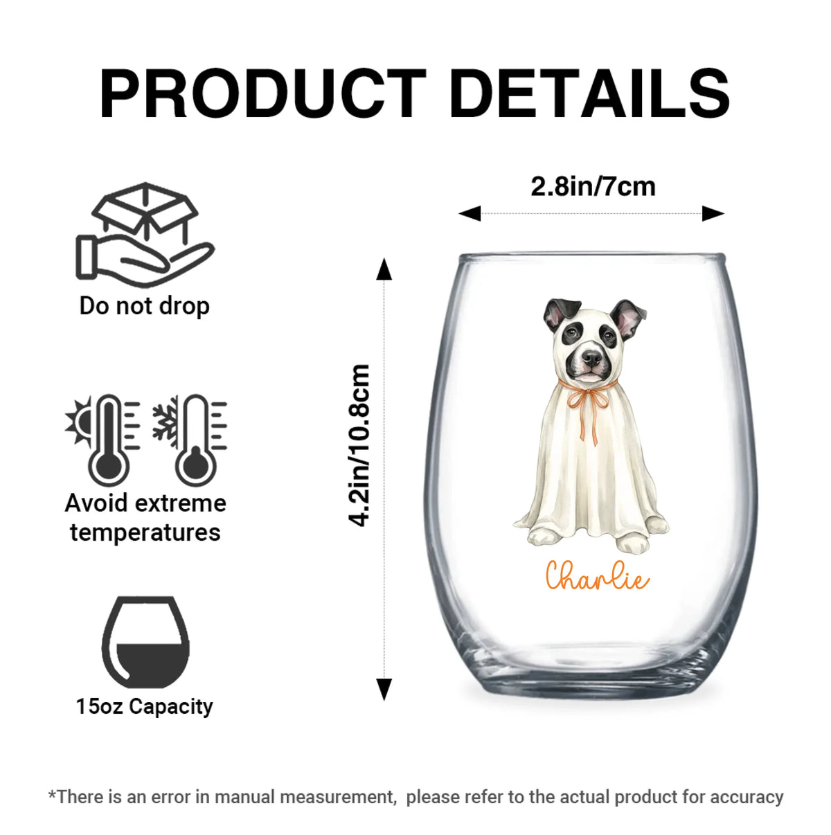 Product details graphic with size, capacity and care instructions for the personalized watercolor ghost-costume dog stemless wine glass
