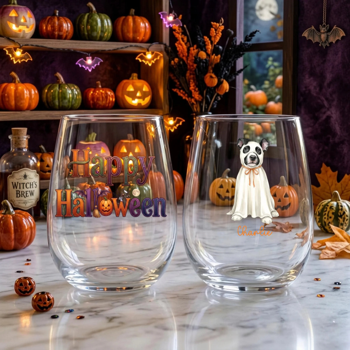 Personalized watercolor ghost-costume dog Halloween stemless wine glasses on a windowsill with glowing jack-o-lanterns and fall decor