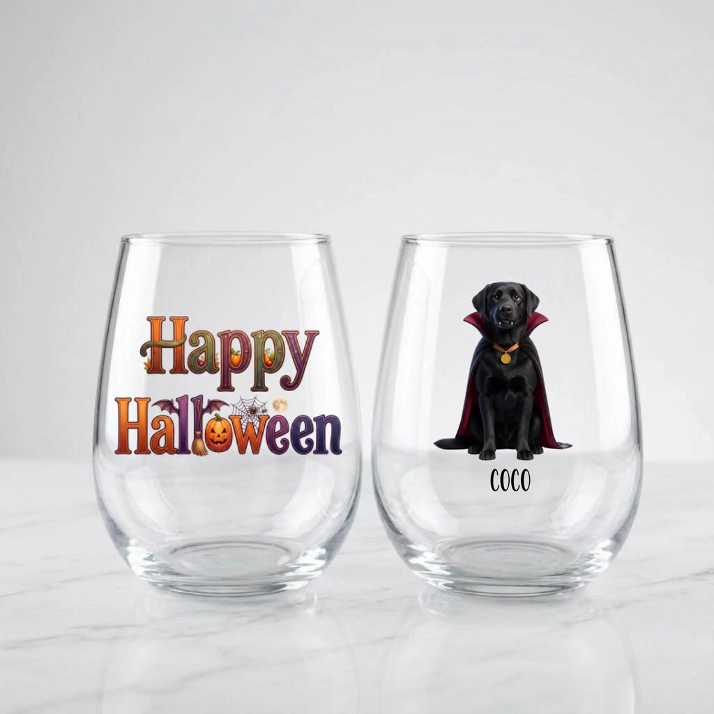 Two personalized Halloween stemless wine glasses on marble, one with 'Happy Halloween' lettering, one with a watercolor vampire-costume dog and pet name