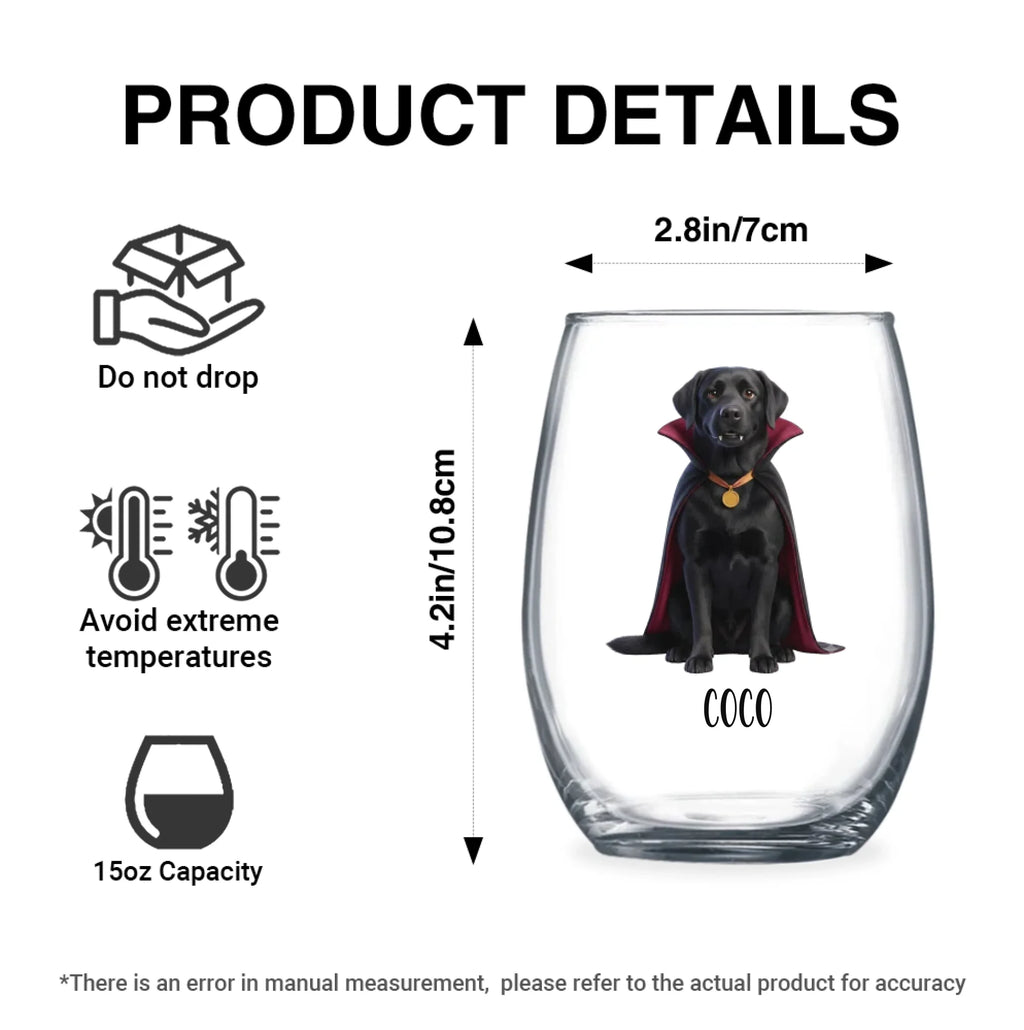 Product details graphic with size, capacity and care instructions for the personalized watercolor vampire-costume dog stemless wine glass