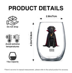 Product details graphic with size, capacity and care instructions for the personalized watercolor vampire-costume dog stemless wine glass