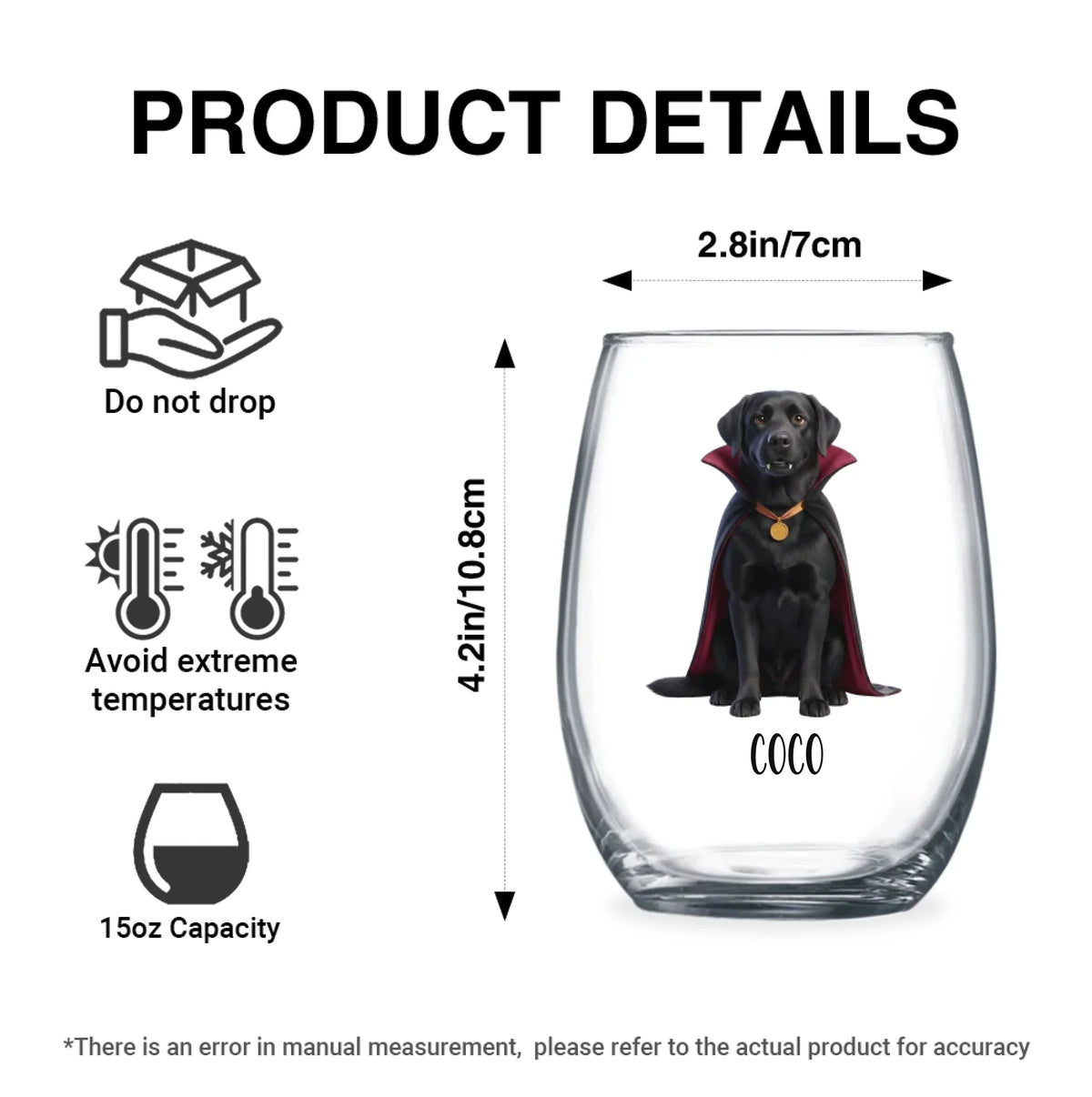 Product details graphic with size, capacity and care instructions for the personalized watercolor vampire-costume dog stemless wine glass