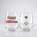 Two personalized Halloween stemless wine glasses on marble, one with 'Happy Halloween' lettering, one with a watercolor mummy-costume dog and pet name