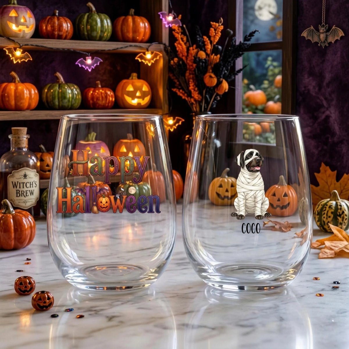 Personalized watercolor mummy-costume dog Halloween stemless wine glasses on a windowsill with glowing jack-o-lanterns and fall decor