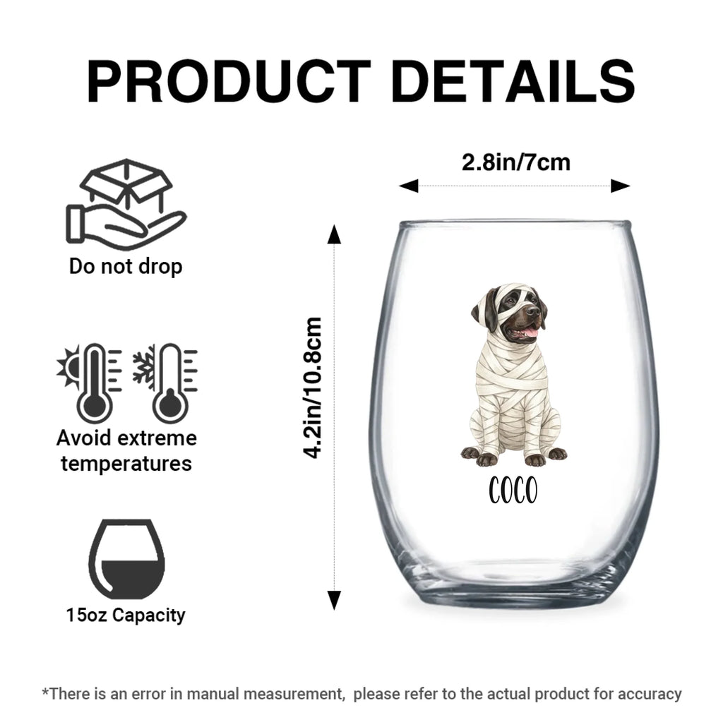 Product details graphic with size, capacity and care instructions for the personalized watercolor mummy-costume dog stemless wine glass