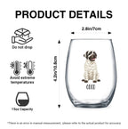 Product details graphic with size, capacity and care instructions for the personalized watercolor mummy-costume dog stemless wine glass